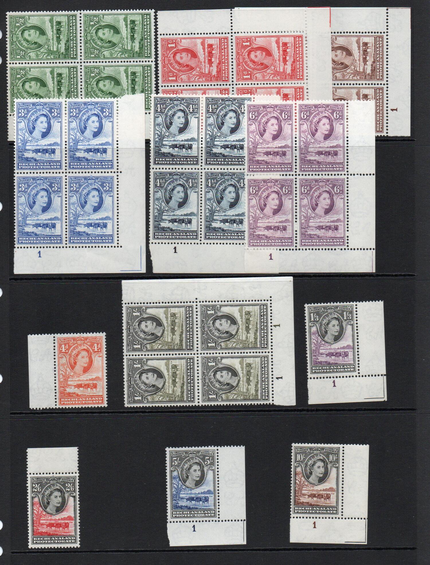 BECHUANALAND 1955 A RANGE OF PLATE BLOCKS, BLOCKS AND SINGLES.  ALL MNH