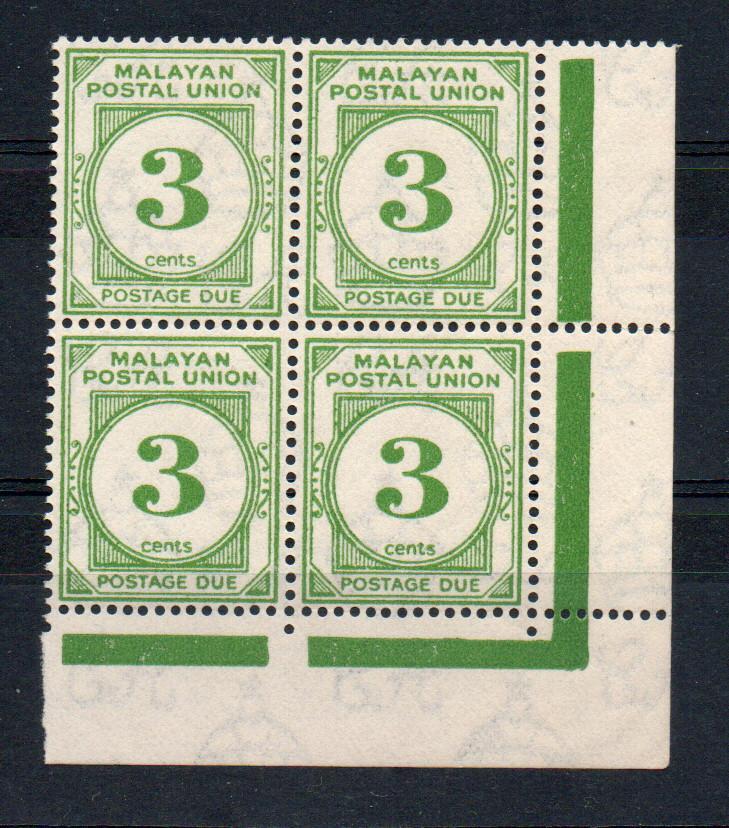 MALAYAN POSTAL UNION SG D8 3C POSTAGE DUE IN CORNER BLOCK OF 4 MNH