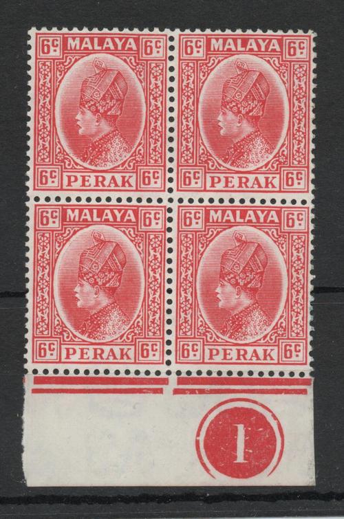 MALAYA PERAK SG 92 1937 GVI 6C PLATE BLOCK MNH