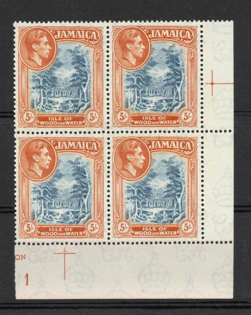 JAMAICA SG 132 GVI 5/- PLATE BLOCK PERF 14 MNH