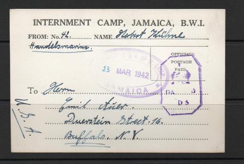JAMAICA 1942 INTERNMENT CAMP CARD 