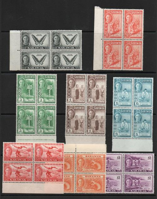 SARAWAK SG 171-86 GVI DEFINITVE SET BLOCKS OF 4. MNH