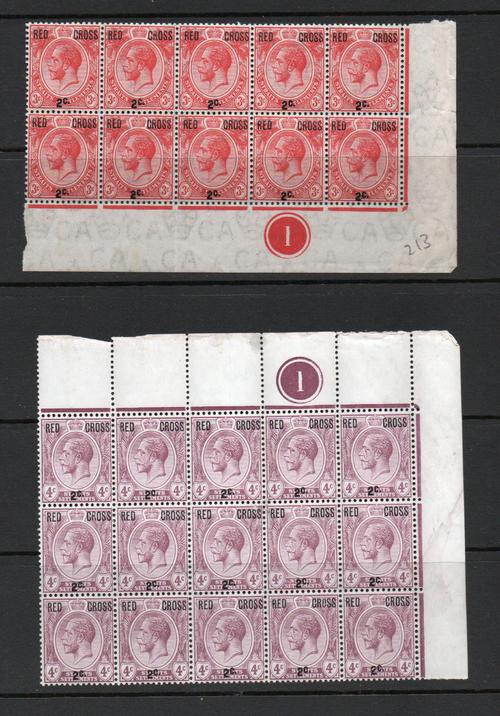 MALAYA STRAITS SETTLEMENTS SG 216 + 217 RED CROSS OVERPRINT BLOCKS MNH