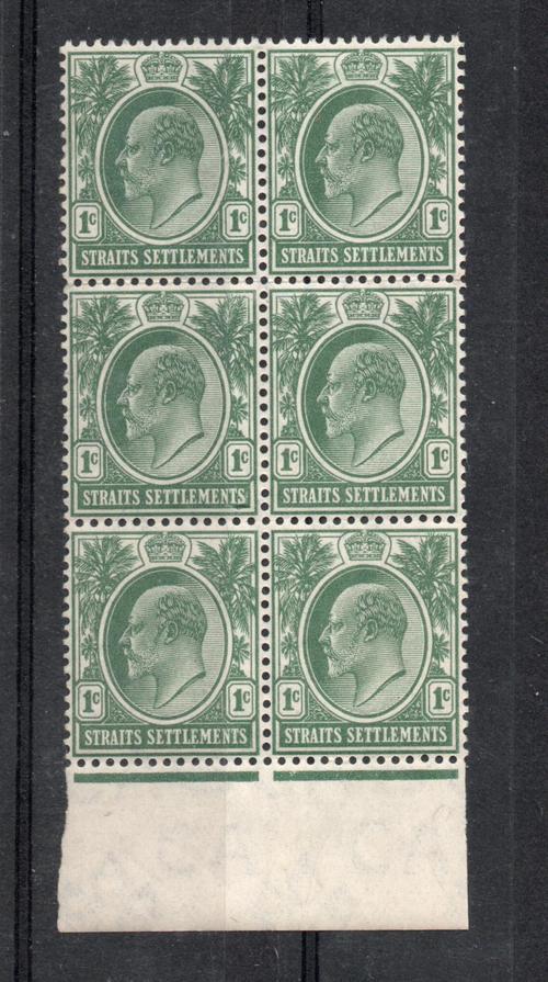 MALAYA STRAITS SETTLEMENTS SG 127 DEEP GREEN 1 C ED VII BLOCK OF 6 MNH