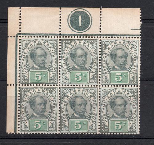 SARAWAK SG 48 UNISSUED 5 CENT VALUE IN PLATE BLOCK 