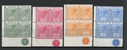 MALAYA PERAK SG 61-4 QV PLATE BLOCKS MNH