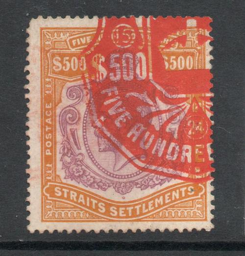 MALAYA STRAITS SETTLEMENTS SG 215 $500 FISCAL CANCEL