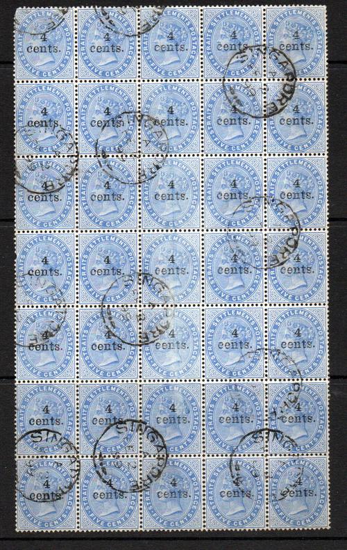 MALAYA STRAITS SETTLEMENTS SG 107 4 C ON 5 C BLUE BLOCK OF 35 USED