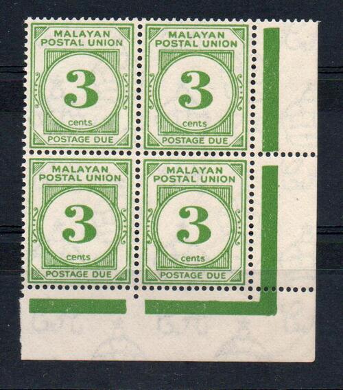 MALAYAN POSTAL UNION SG D8 3C POSTAGE DUE IN CORNER BLOCK OF 4 MNH