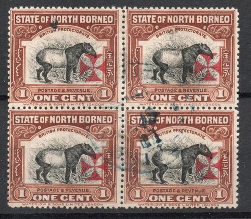 NORTH BORNEO RED CROSS OVERPRINT IN VERMILLION BLOCK OF 4 FINE USED